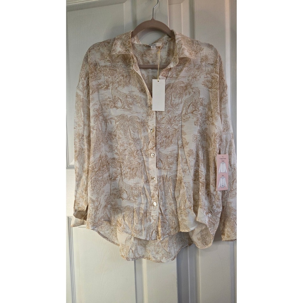 C by‎ one Womens Safari Toile Cheetah Print Button Down Shirt Beige Small NWT